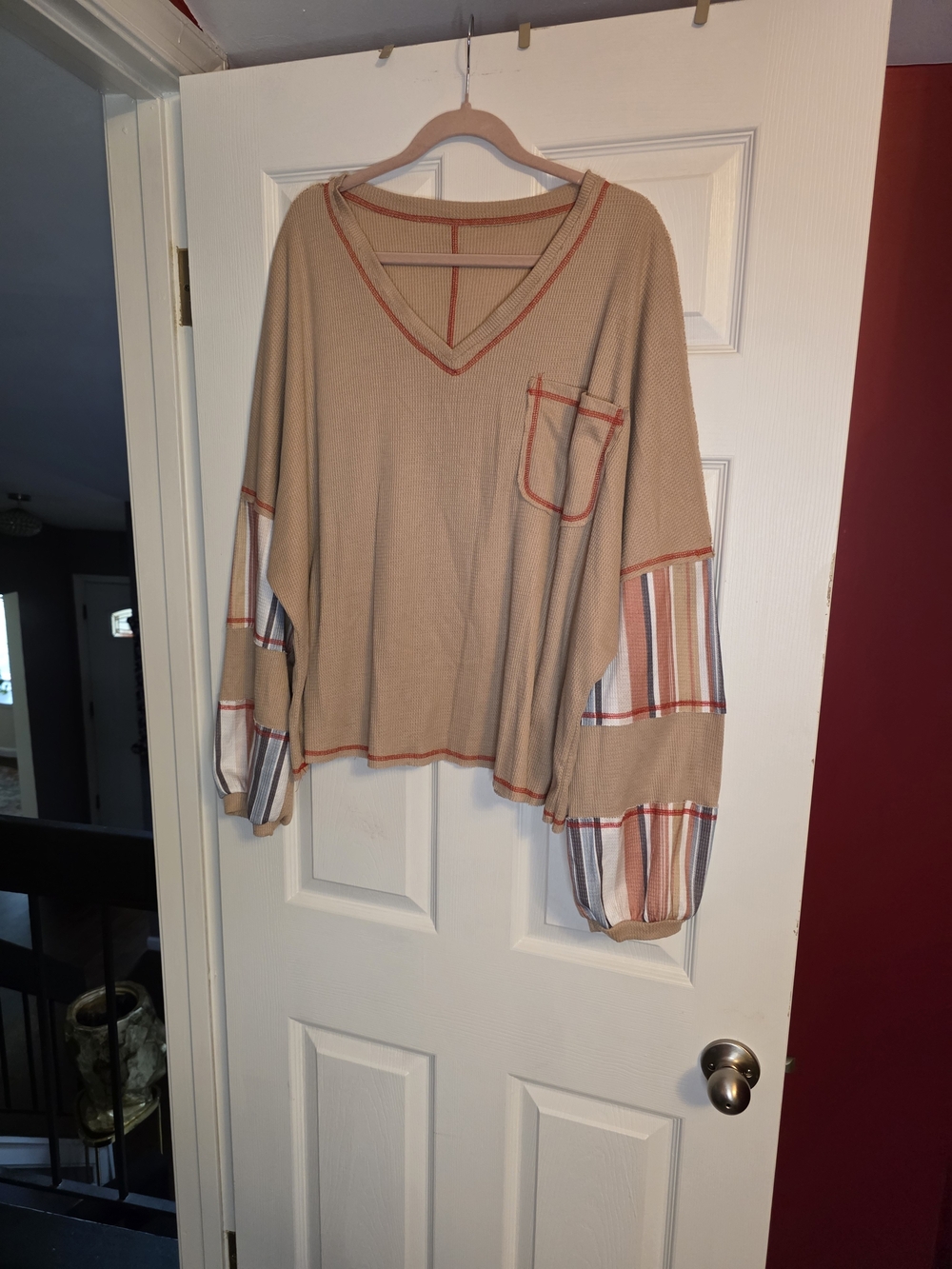 Beige V-Neck Mixed-Media Pullover with Striped Sleeve Panels